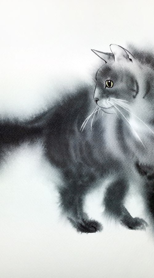Fluffy Black cat by Olga Beliaeva Watercolour