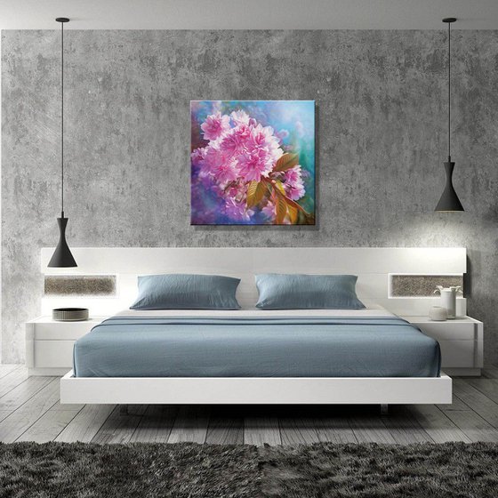 "Spring sacura", floral realistic painting, pink flowers blossom