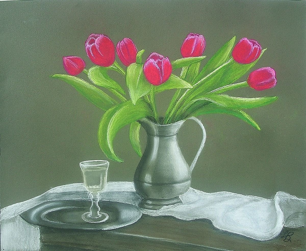 Tulips in a Silver Pitcher by Linda Burnett