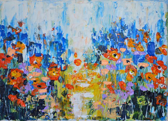 Flowers Field - Palette knife  Modern abstract landscape Gift idea