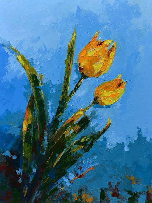 Yellow tulip flowers. Original oil painting for her. Flowers for gift by Marinko Šaric