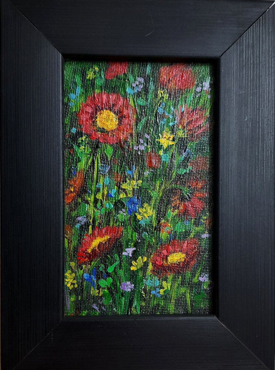 Miniature Landscape painting Red floral meadow, Miniature acrylic art 3x 5 by Asha Shenoy