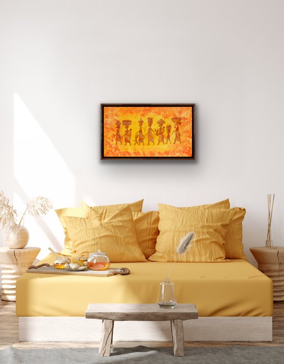 People oil painting - African women with children -  Long artwork in frame for living room (2020)