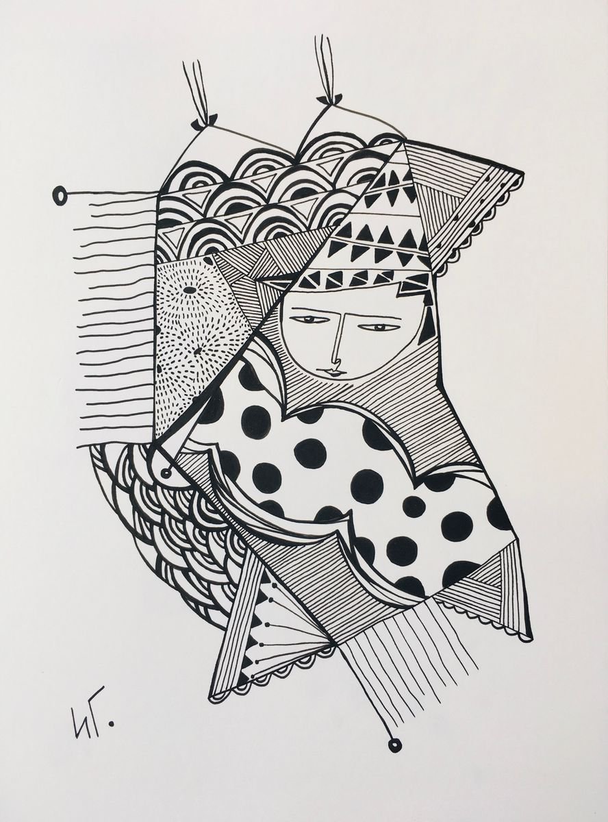 Naive Portrait Ink Drawing By Irina Goleva, 8 X 11, Bliss Iii, Original Artwork