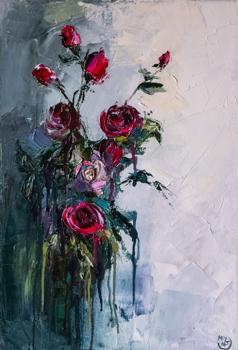 Impressionistic Botanical Oil Painting By Mily Art, 16 X 24", Red Rose Palette Knife Art, Original Artwork