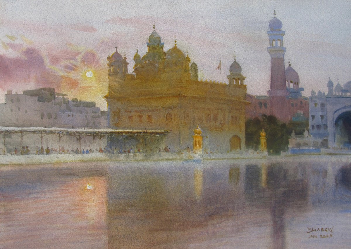 Photorealistic Landscape Watercolour By Bhargavkumar Kulkarni, 20 X 14, Golden Temple In Winter, Original Artwork