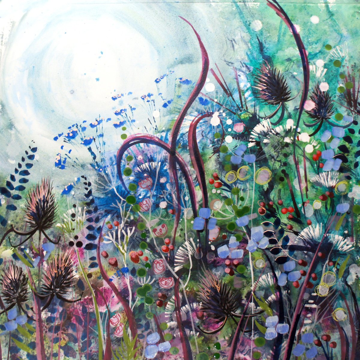 Impressionistic Landscape Painting By Julia Rigby, 17 X 17", Winter Teasles, Original Artwork