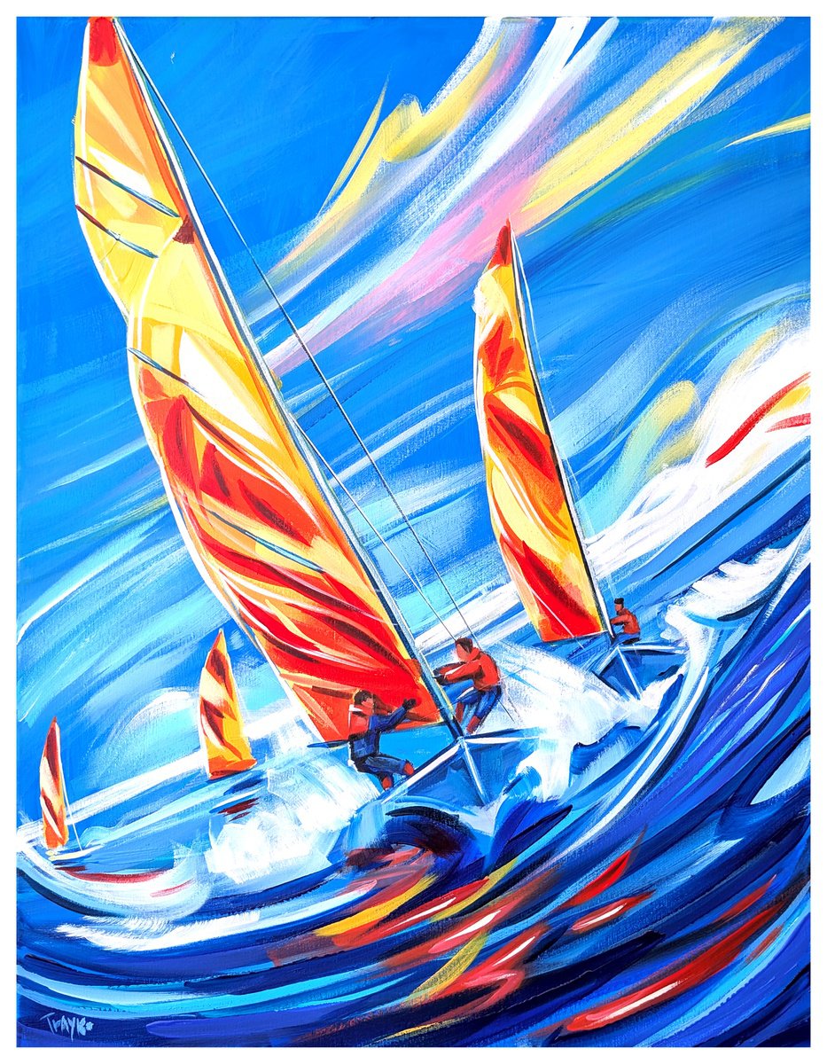 Abstract Landscape Acrylic Painting By Trayko Popov, 28 X 35", Sailing Across An Ocean, Original Artwork