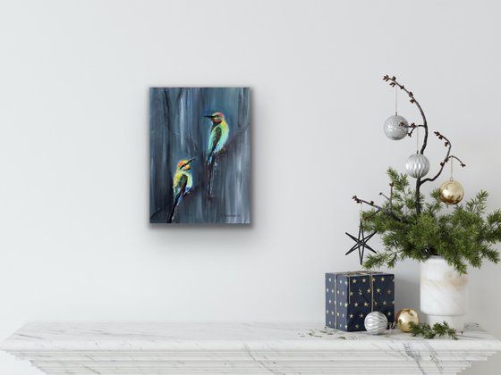 Two bright birds original oil painting , one of a kind, medium, home decor