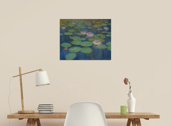Evening Water Lilies. Original Oil Painting. Gift, wall art, interior art, interior design, stylish art, present, pop