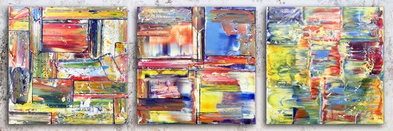 "Three's A Crowd" - FREE USA SHIPPING - Original Large PMS Abstract Triptych Oil Paintings On Canvas - 60" x 20"