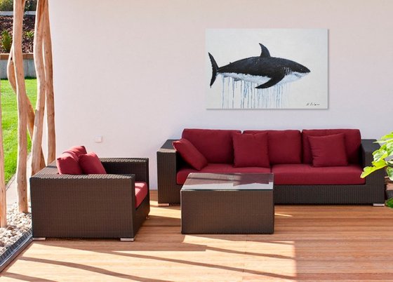 Large Abstract The Great White Shark. Acrylic painting on canvas. Ocean animals, black, white. Painting 61x91cm.