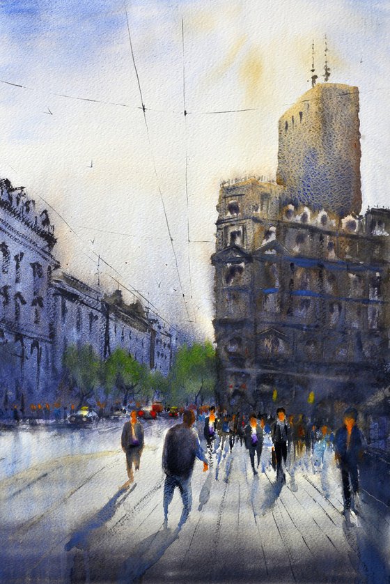 Hurry hour near London crossroads Old Town Belgrade 36x54 cm 2022