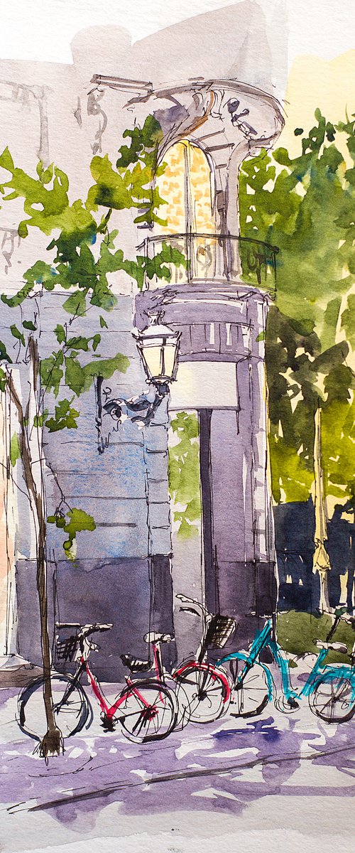 San Sebastian, Donostia. Live street sketch near the sea. URBAN WATERCOLOR LANDSCAPE STUDY ARTWORK SMALL CITY LANDSCAPE SPAIN GIFT IDEA INTERIOR street by Sasha Romm