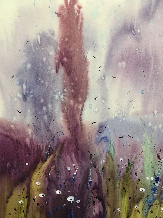 Sold Watercolor "Rain in the lavender field”