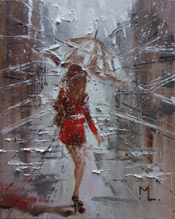 " HURRY ... "   street spring summer original painting CITY palette knife GIFT