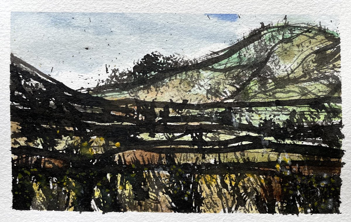 Expressive Landscape Ink Drawing By Steve Potts, 6 X 4", Hills Near Dumfries, Original Artwork