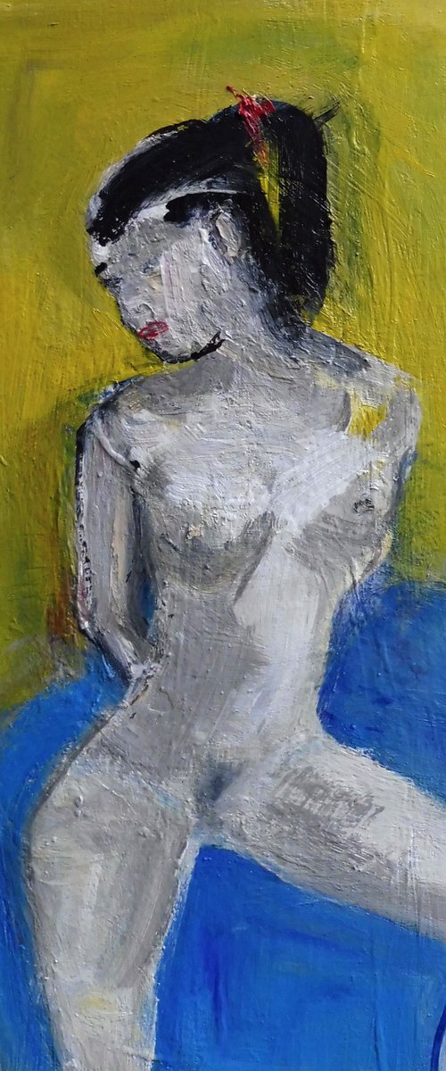 SUBTLE NUDE FEMALE, RED RIBBON, on BLUE. by Tim Taylor