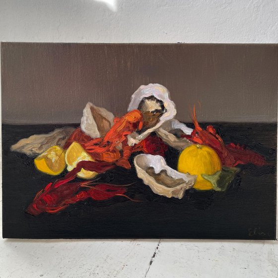 Still Life with boiled crayfish and oysters