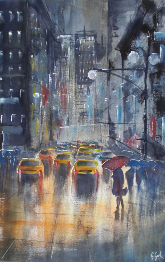 yellow cabs in a rainy day in NY