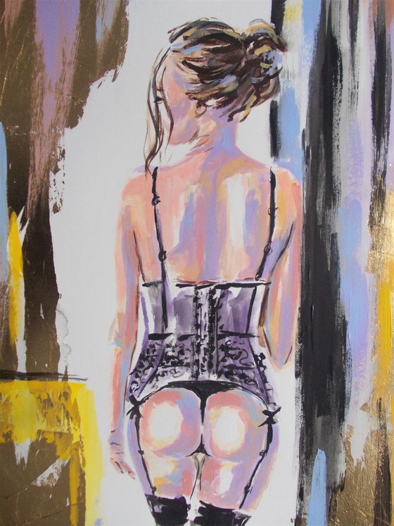 Monika III -Mixed Media Nude Woman  Painting on Paper