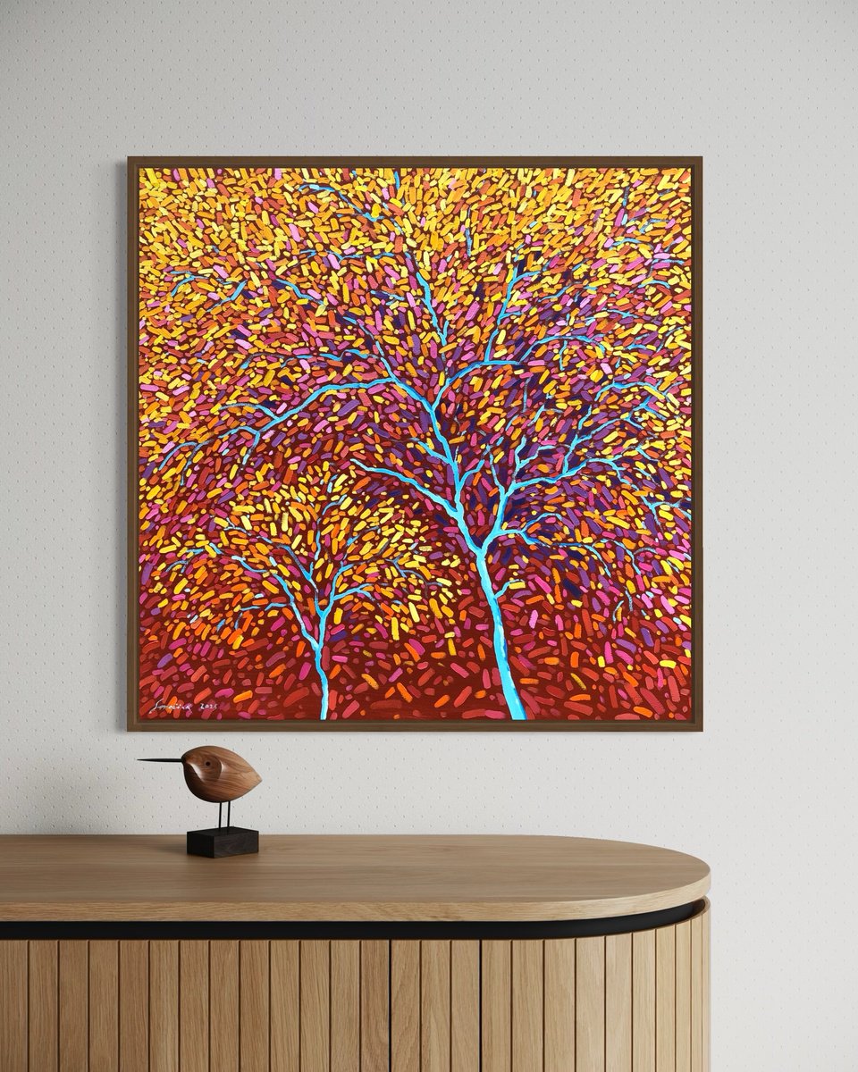 Impressionistic Landscape Oil Painting By Volodymyr Smoliak, 28 X 28", Colourful Tree, Original Artwork