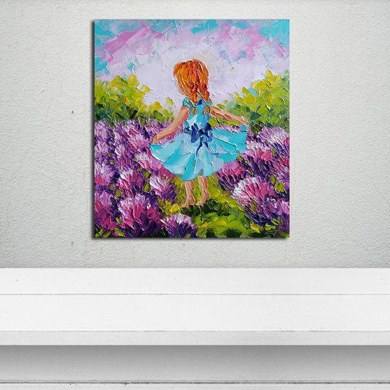 Redhead in lavender -  oil painting, child, lavender, childhood, girl, children, lavender field