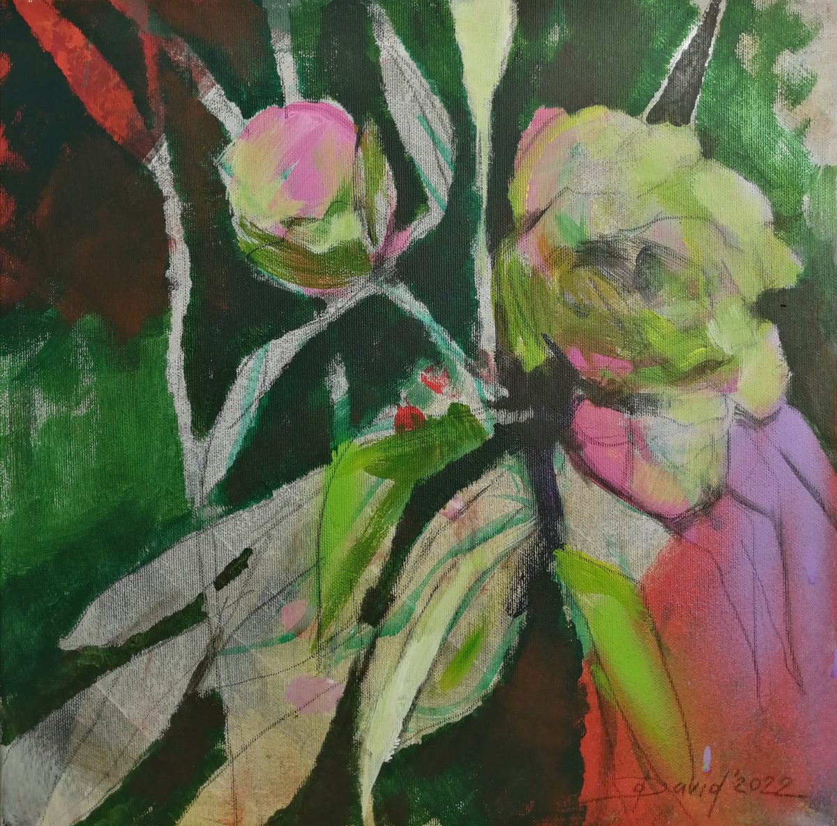 Green-pink peonies modern mixed media painting by Olga David