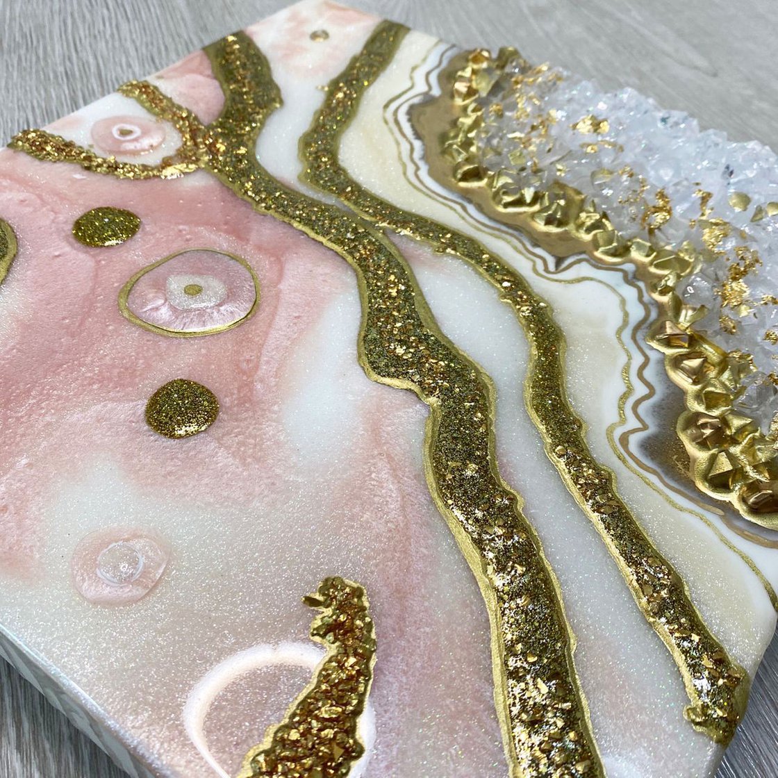 Pink - Gold Geode Art, Marble Art. Gold, White, geode wall art, Resin