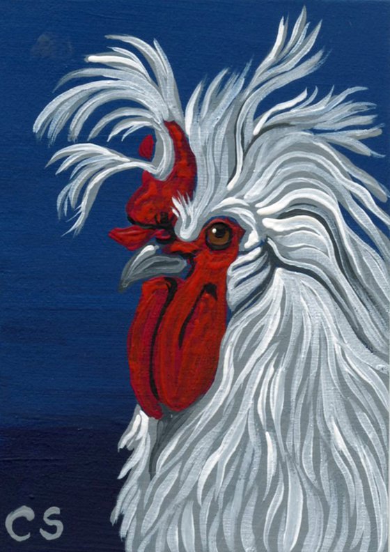 ACEO ATC Original Miniature Painting Fancy White Chicken Farmyard Art-Carla Smale