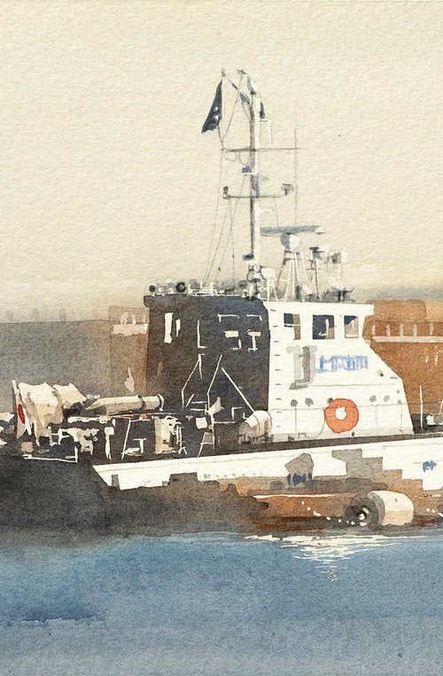 Docked Vessel in Harbor - 20x30cm Sketch by Masato Watanabe