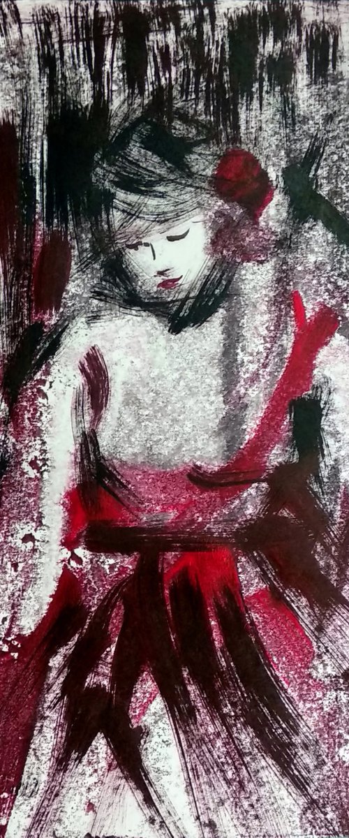 Woman in Red Waiting 4 by Asha Shenoy