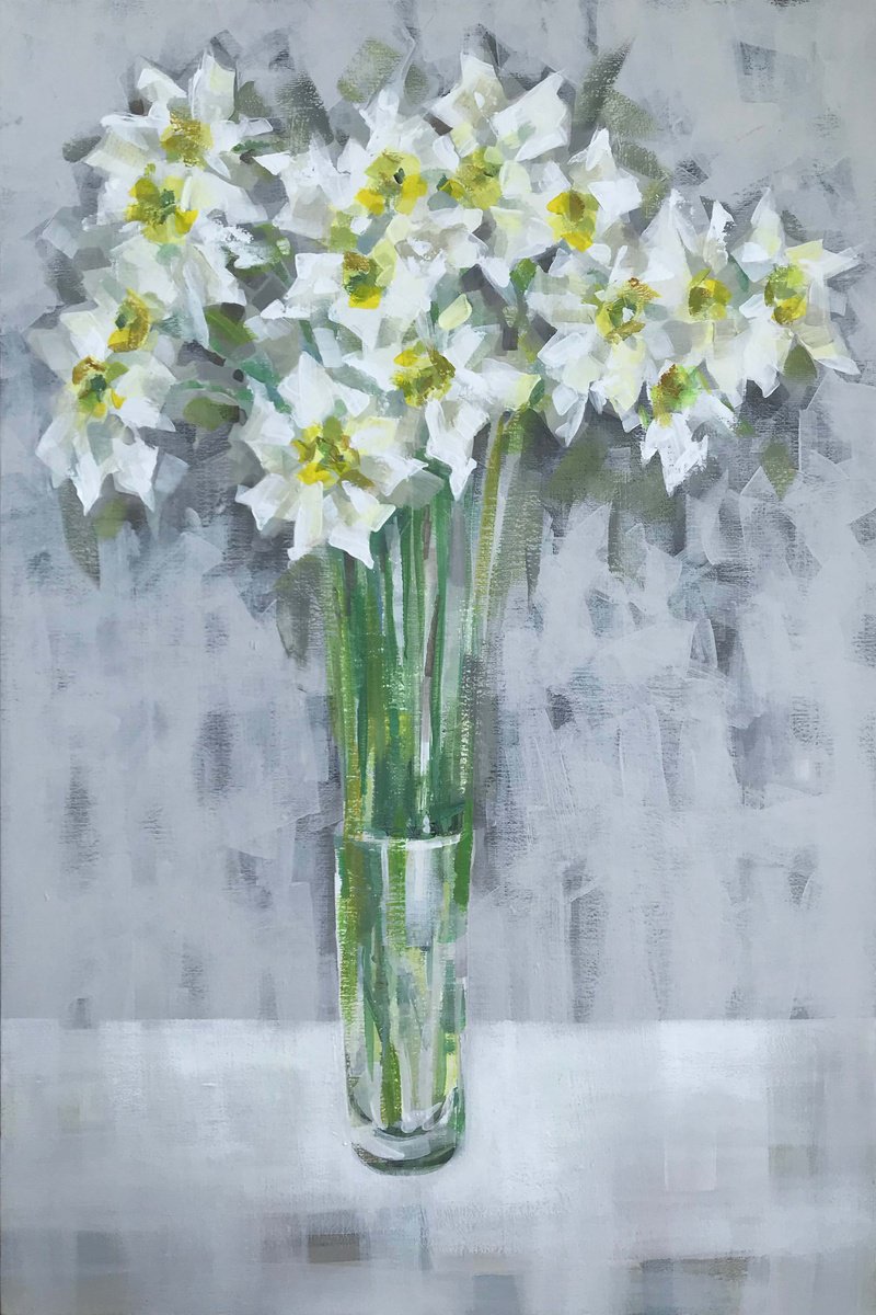 White daffodils 2. one of a kind, handmade artwork, original painting. by Galina Poloz