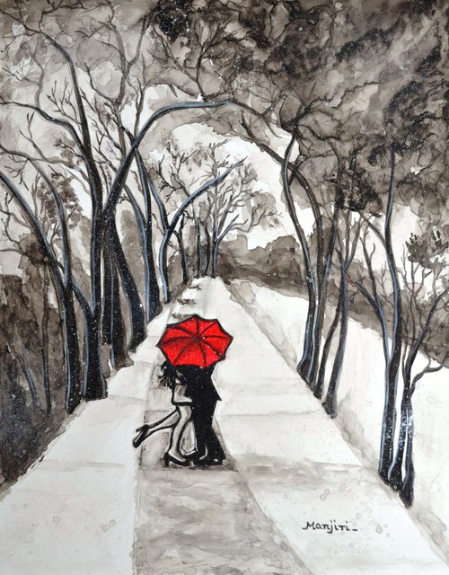 SPECIAL SALE! Snow Kiss romantic black and white painting with red REDUCED PRICE Gift of love by Manjiri Kanvinde