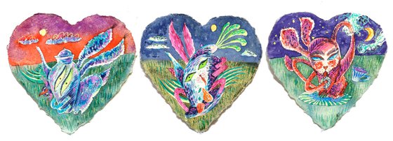 Triptych of miniature hearts