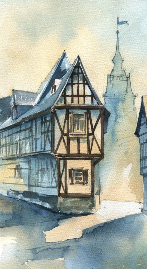 "Street in a medieval city" architectural artwork in watercolor by Ksenia Selianko