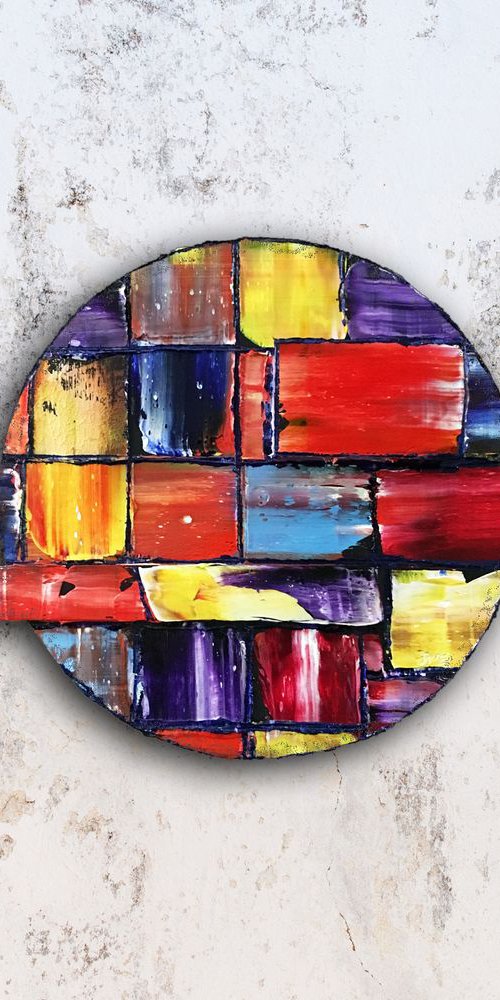 "Don't Be A Square" - Original Commissioned PMS Assemblage Sculptural Painting On Wood, Tondo - 12 x 10 inches by Preston M. Smith (PMS)