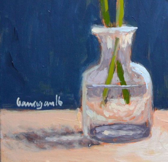 Two Daffodils in Little Glass Vase Still Life Oil Painting