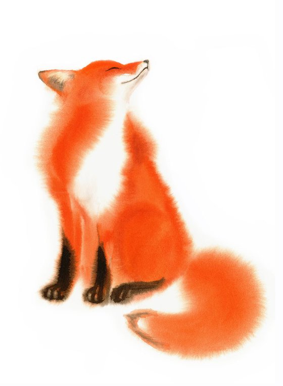 Red Fox - foxy - fox portrait - fox watercolor - fox looks upwards