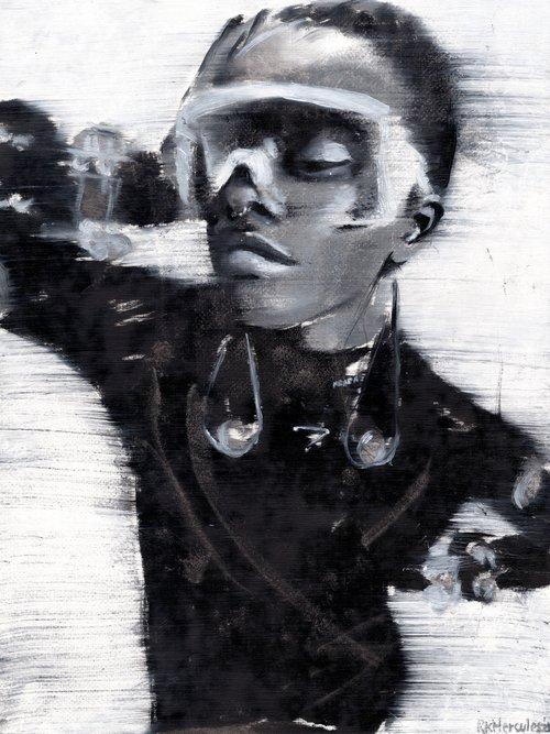 Fedola II | Black and white blonde woman female fashion oil painting on paper | beautiful powerful black lady by Renske Karlien Hercules