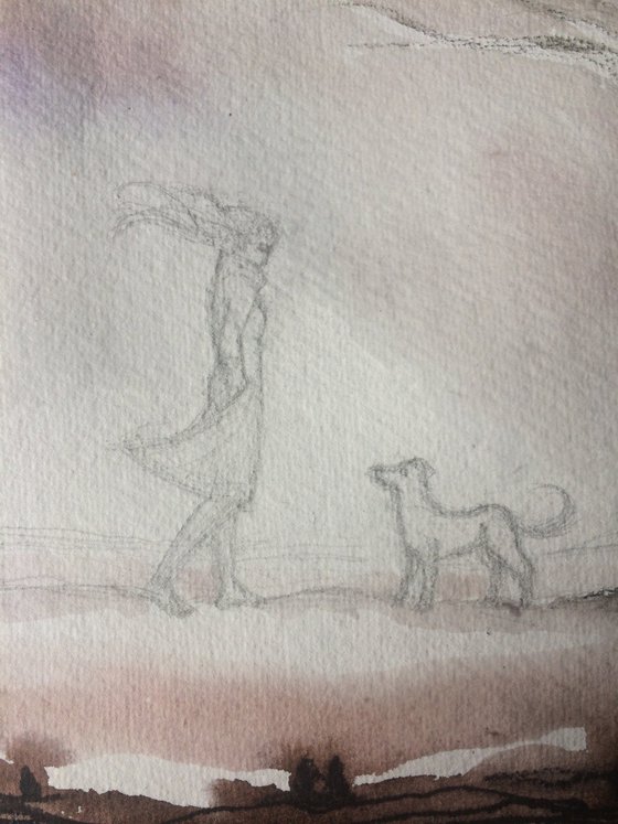 Winter Walkies ~ Woman, Dog and Tree