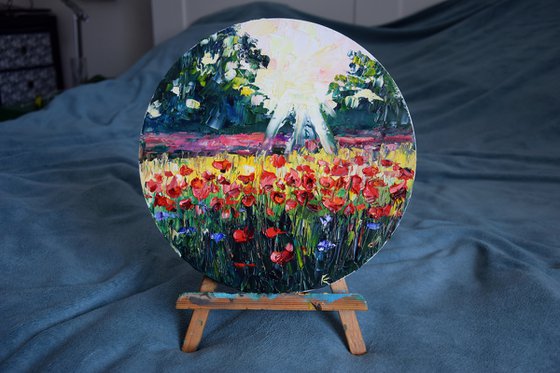 Poppy Painting, Landscape Round Oil Painting on Canvas, Red Field Original Wall Art