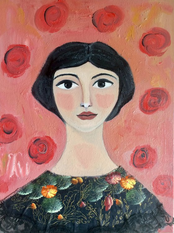 Lady with roses. Portrait painting