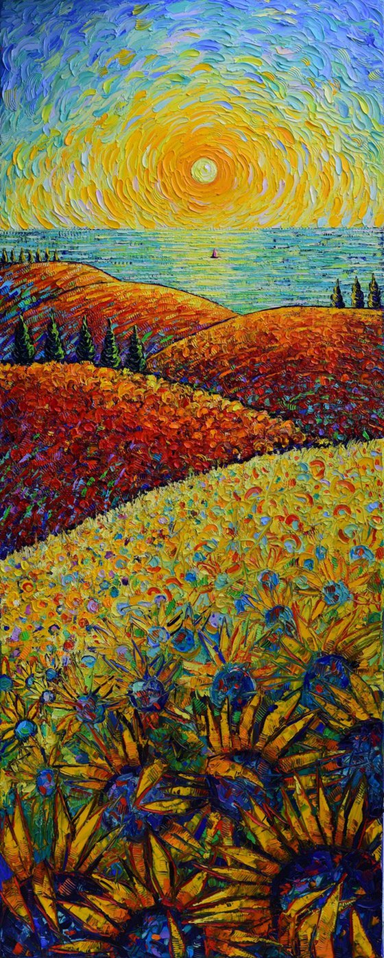 TUSCANY SUNRISE - hills of sunflowers and poppies by the sea impasto palette knife oil painting textured impressionism Ana Maria Edulescu