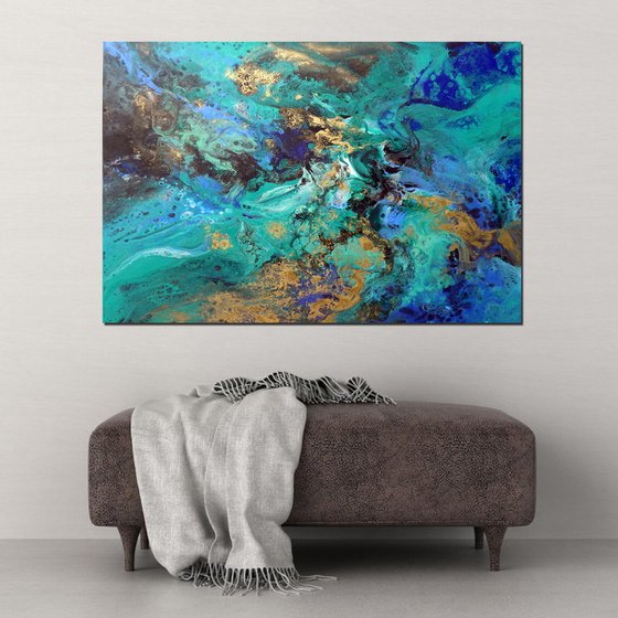 Modern abstract art blue green gold metallic painting ocean colors - Shimmer of the ocean