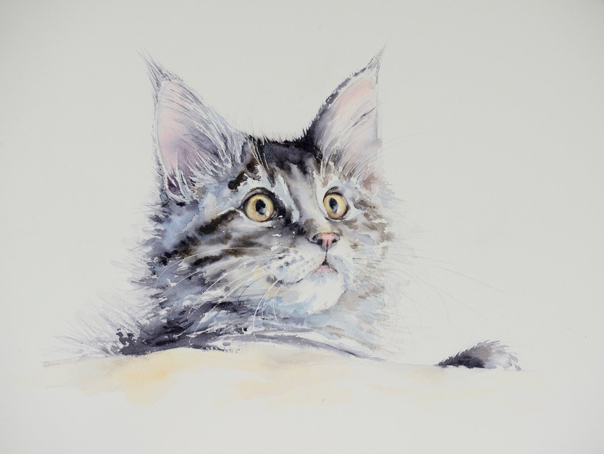 Impressionistic Cityscapes Watercolour By Eve Mazur, 16 X 12, Kitten, Original Artwork