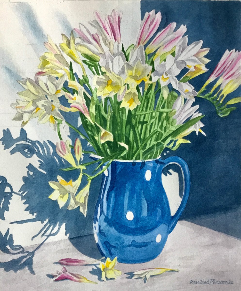 Freesias in a Cornish ware jug by Rosalind Forster