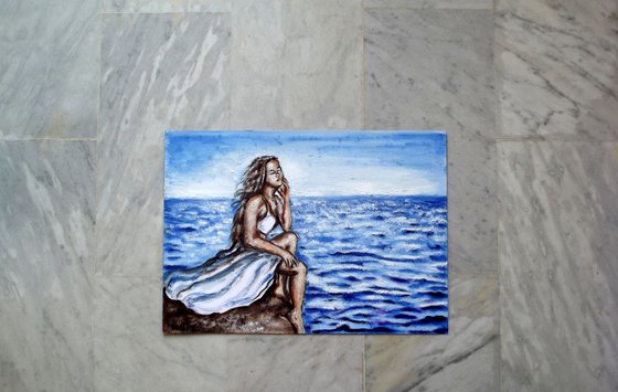 SEASIDE GIRL - WAVES' WHISPERS - Thick oil painting - 42x29.5cm
