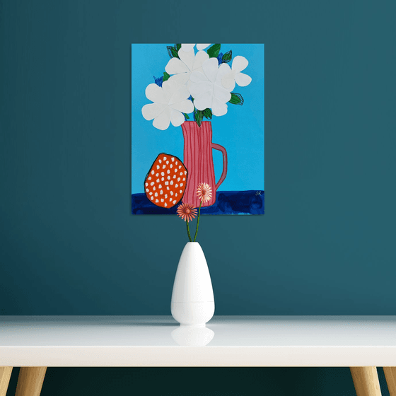 White Flowers in Pink Vase