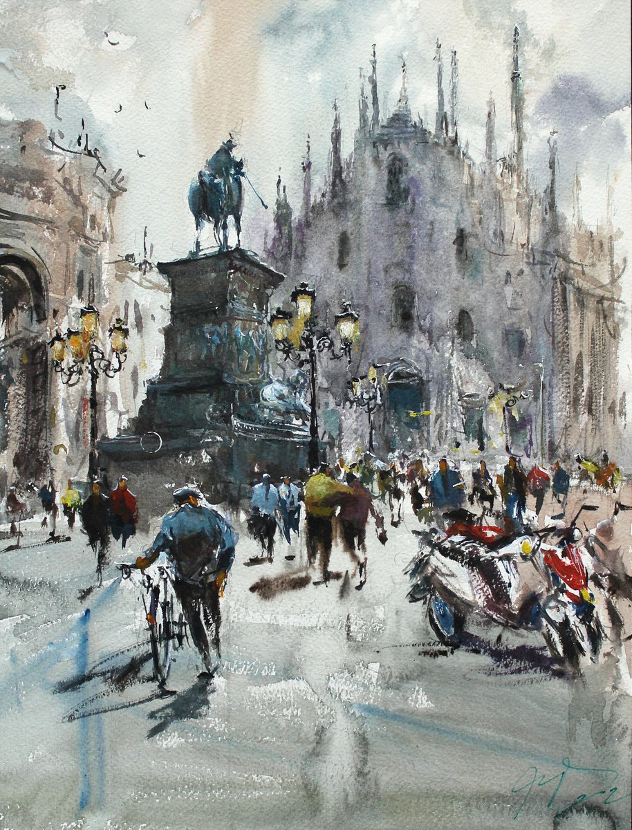 Impressionistic Cityscapes Watercolour By Maximo Damico, 11 X 16", Sunday In Piazza Duomo, Original Artwork